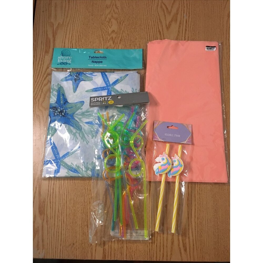 New Bundle Of 16pc Tropical Beachy Party Birthday Shaped Straws & Table Covers
